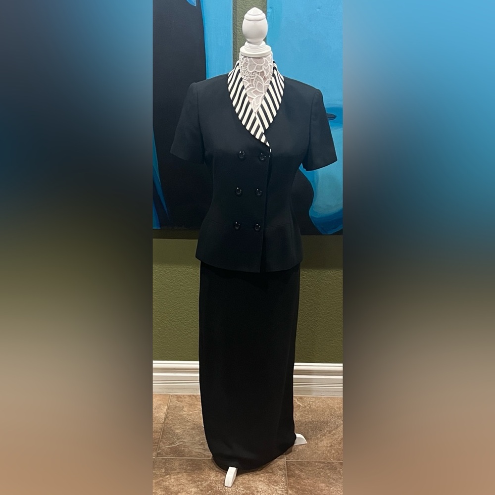 Vintage Kasper Black Skirt Set with Striped Accent